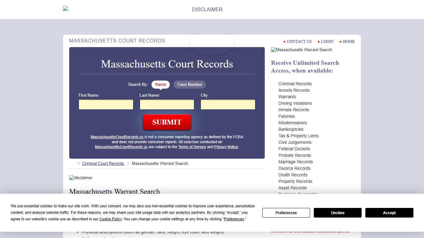 Massachusetts Warrant Search MassachusettsCourtRecords.us